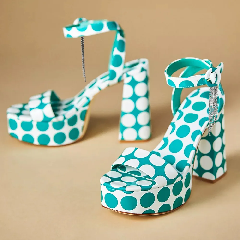 Blue And White Polka Dot Platform Pumps Ankle Strap Chunky Heels with Tassel Nicepairs
