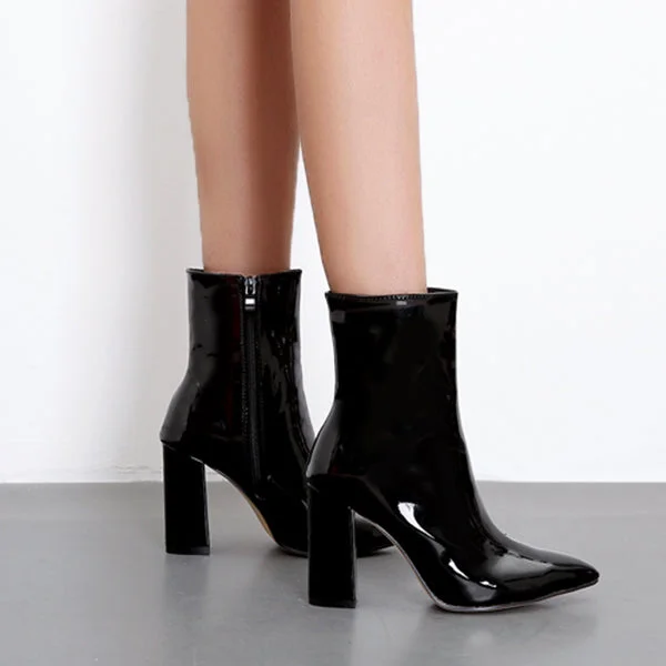 HUXM Patent Pointed Toe Chunky Zipper Heeled Boots