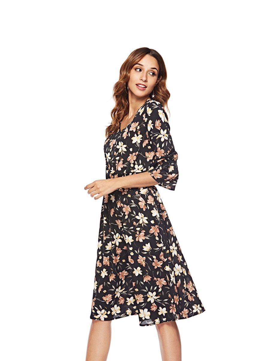 Vintage Dress V Neck Three Quarters Sleeves Floral Dress