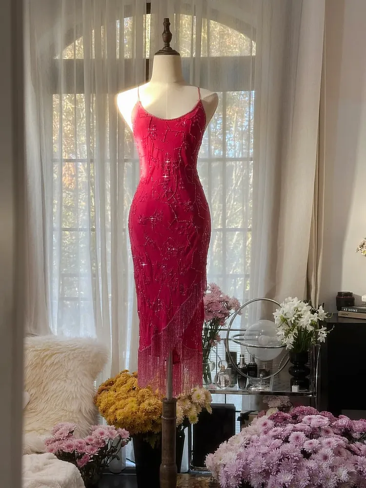 Pink Fashion Elegant Exquisite Beaded Spaetti Strap Midi/Short Mermaid Slim Chiffon Ball Gown Evening Dress Birthday Party Dress Prom Dress Wedding Dress