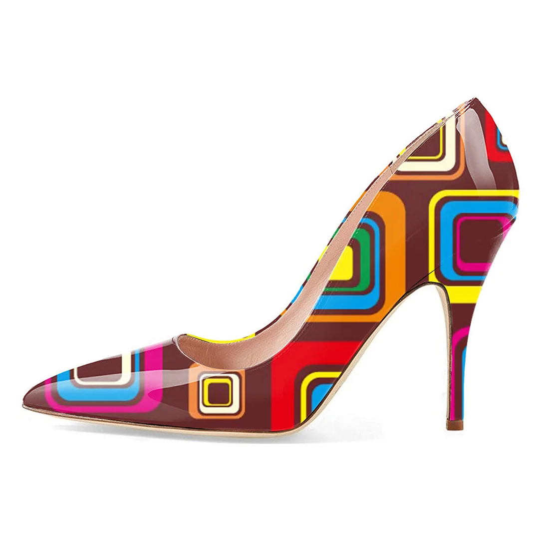 Eye-Catching Colorful Square Printed Patent Leather Pointed Pumps