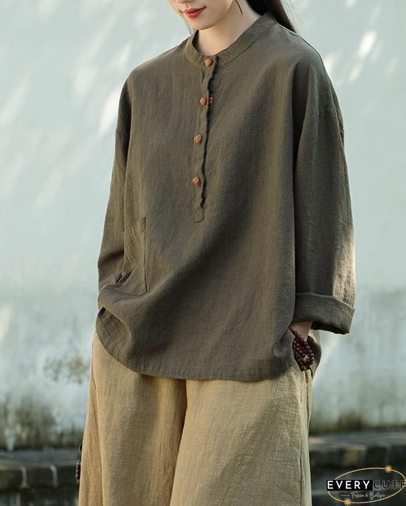 Loose Apricot Chinese Button Patchwork Cotton Shirts Summer