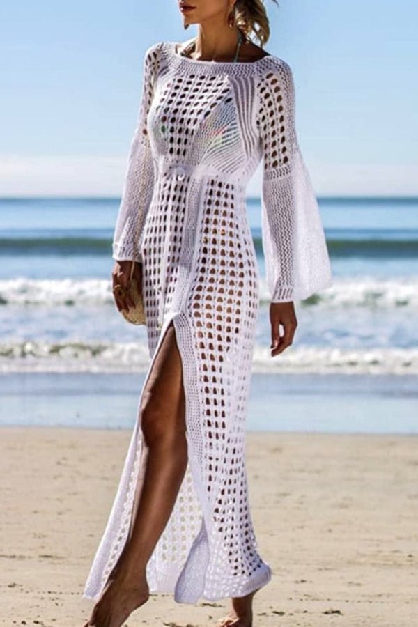 Flare Sleeve Knitted Smock White Swimsuit Cover Up