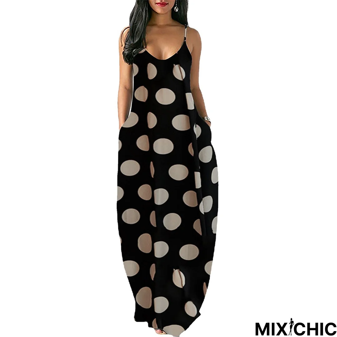 Women's Solid V Neckline Low Back Spaghetti Strap Beach Long Maxi Dress (M, Polka Dot) Black Dresses