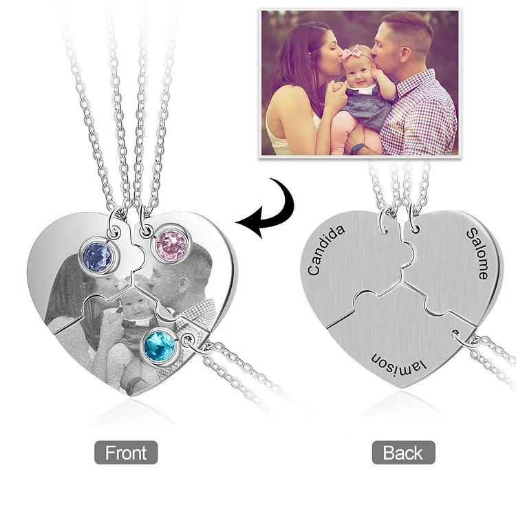 Heart Matching Photo Necklace With 3 Birthstones Engraved 3 Names Personalized Gift