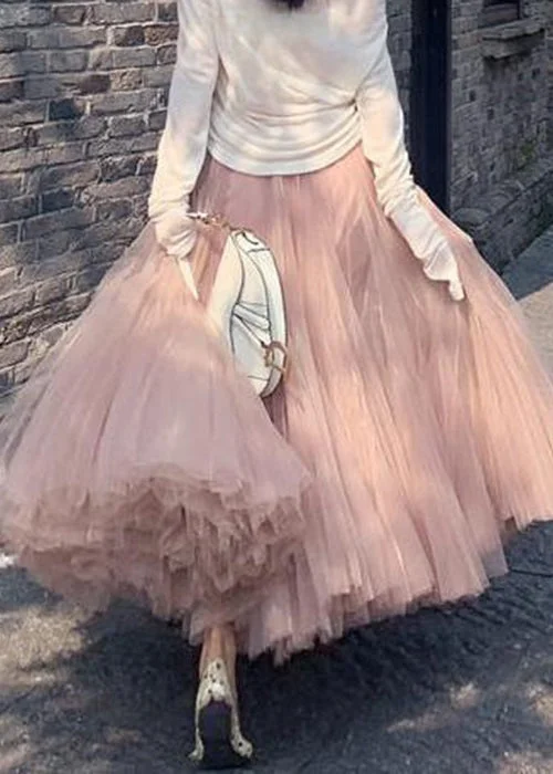 Elegant Pink Wrinkled High Waist Tulle Skirt Spring
