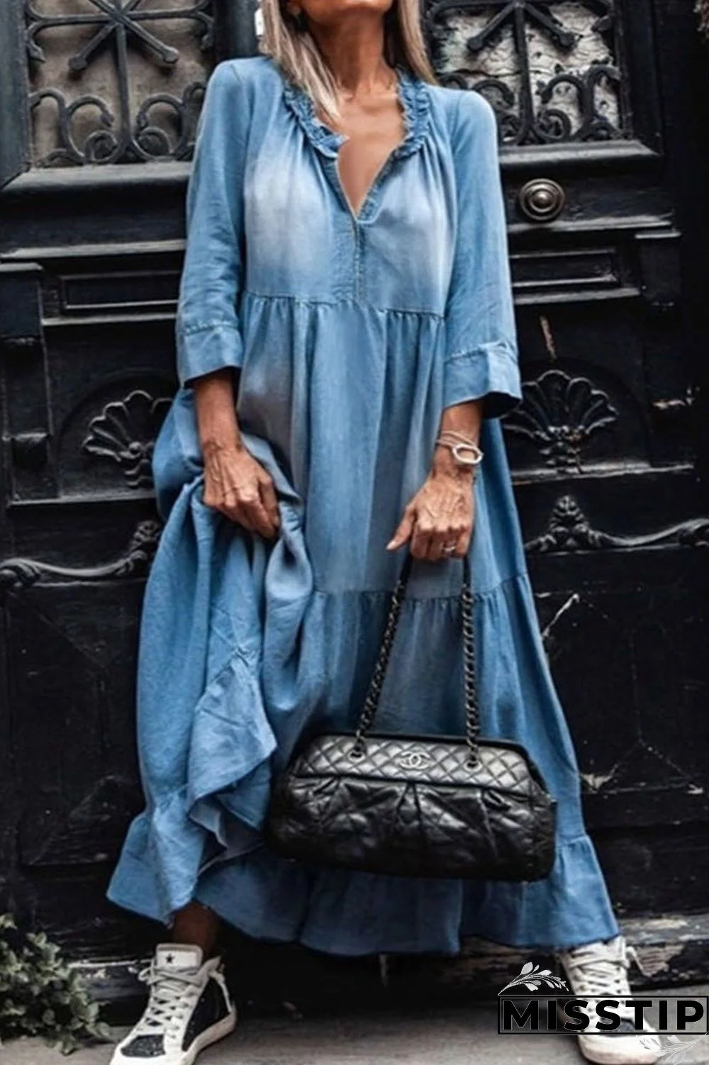 Black Fashion Street Solid Patchwork V Neck A Line Dresses