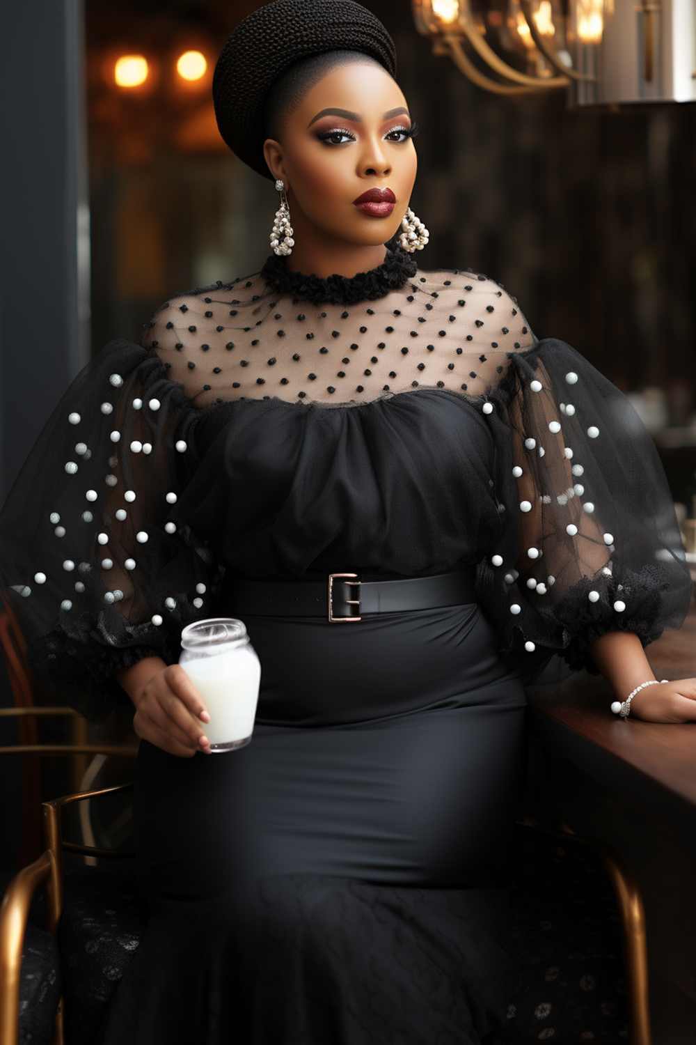 Design Plus Size Black Party Round Neck Puff Sleeve Pearls Mesh Sheer Blouses [Pre-Order]