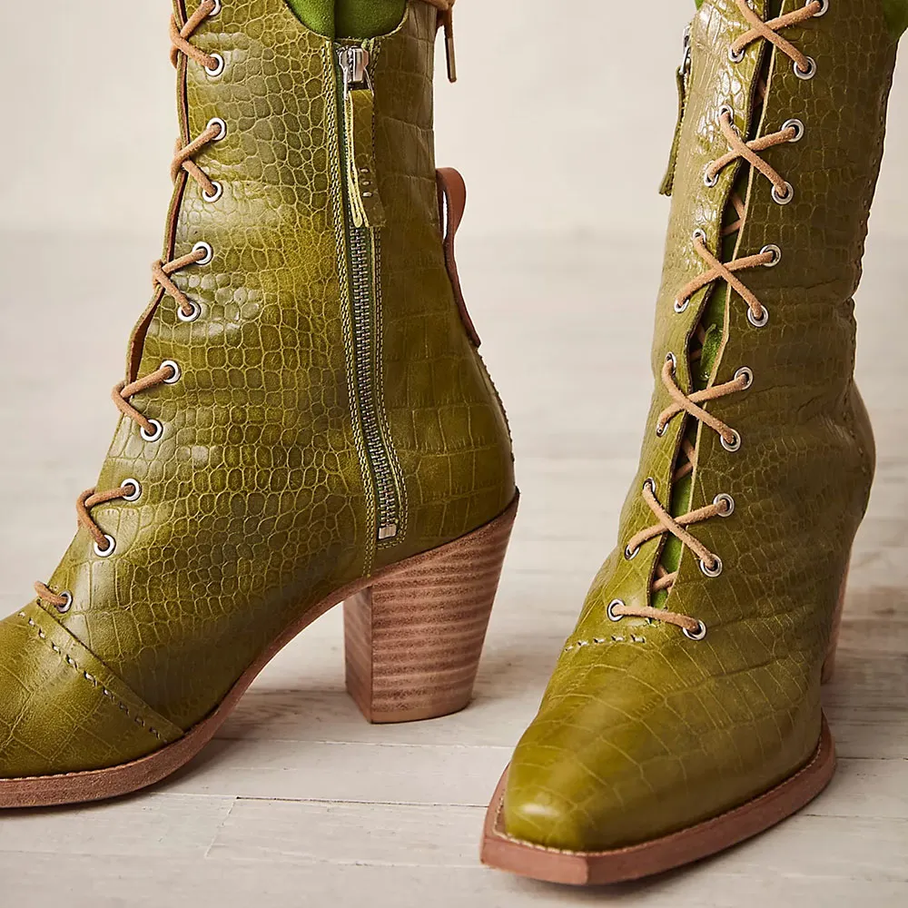 Square Toe Croc Embossed Stacked Heel Tie-Up Ankle Boots in Olive