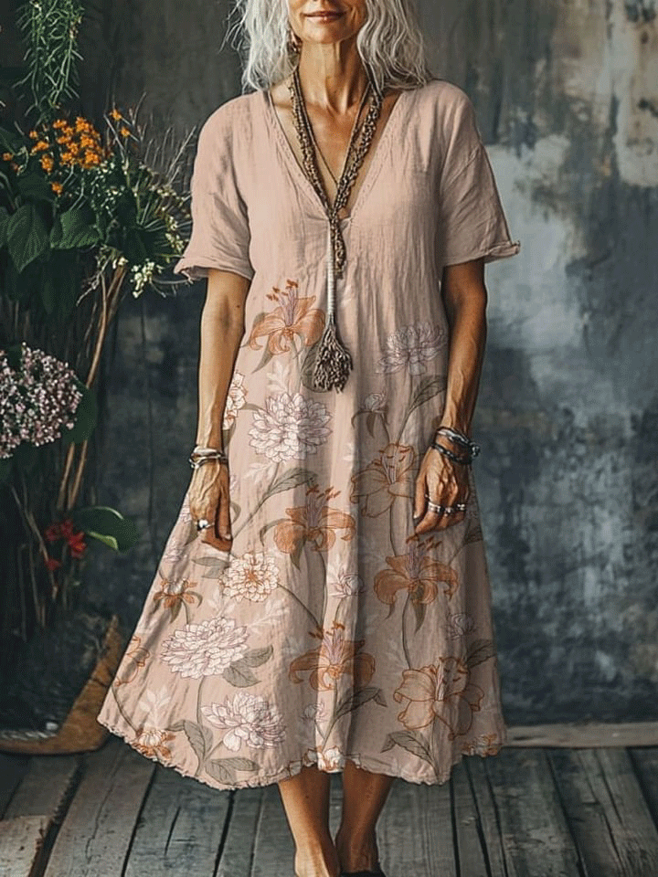 Women's Vintage Flower Art Print Pocket Cotton Dress
