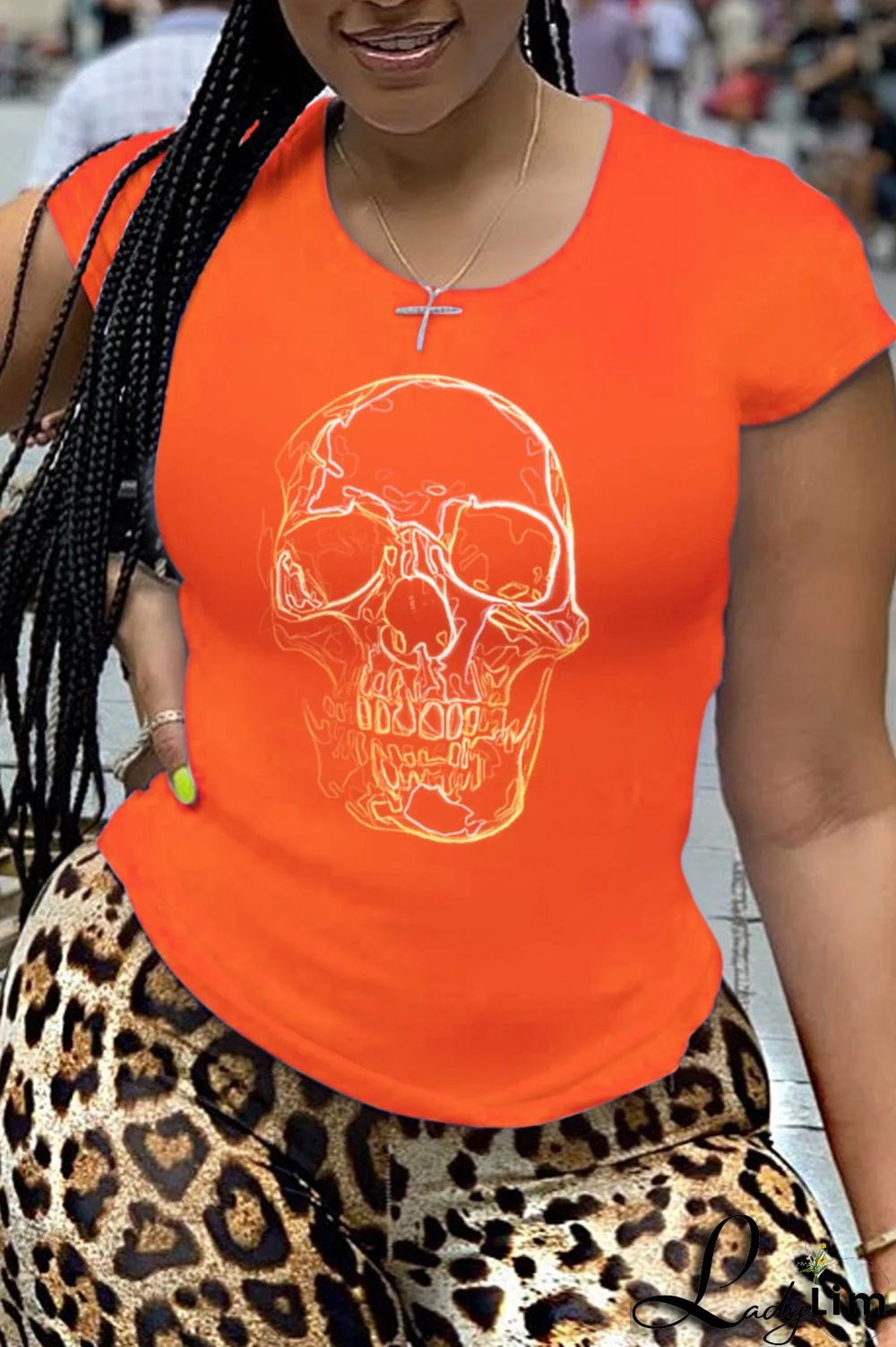 Orange Fashion Vintage Print Patchwork O Neck T-Shirts