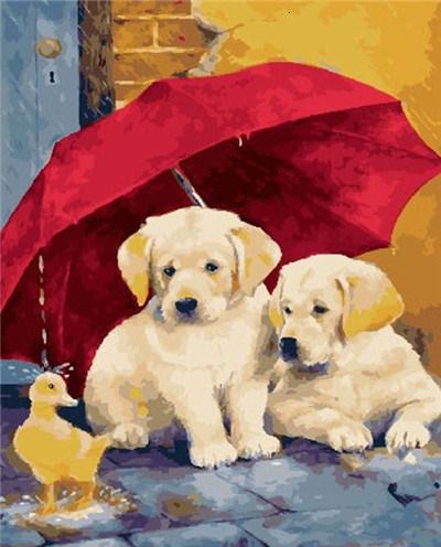

Dogs Red Umbrela – Paint By Numbers - 40*50CM, 501 Original