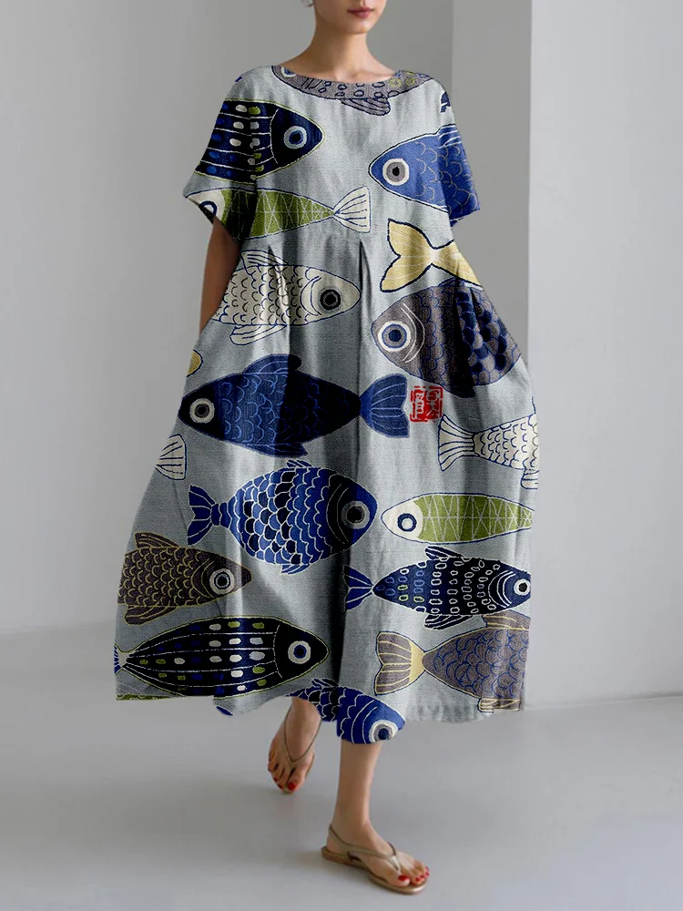 VChics Vintage Fish Japanese Art Linen Blend Midi Dress