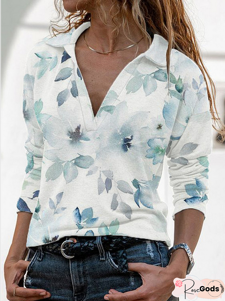 Floral Casual V Neck Tops