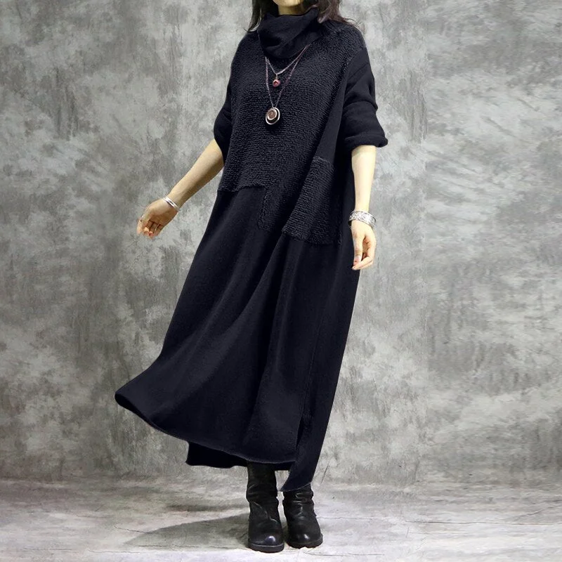 Fashion ZANZEA Women Long Sweatshirt Dress Autumn Long Sleeve Lace Patchwork Sundress Solid Vestido Robe Femme Winter Dresses