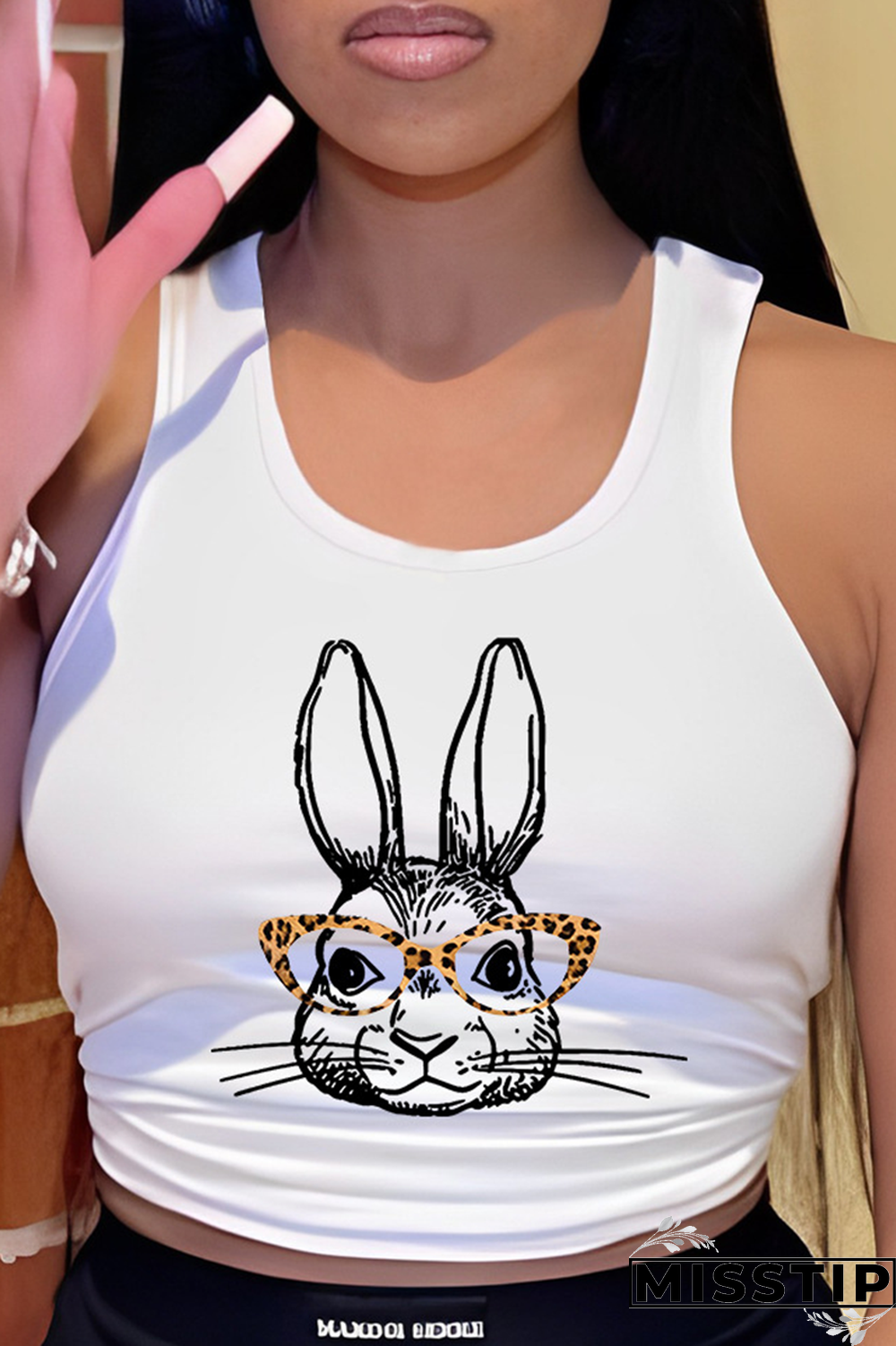 White Casual Cute Print Patchwork U Neck Tops