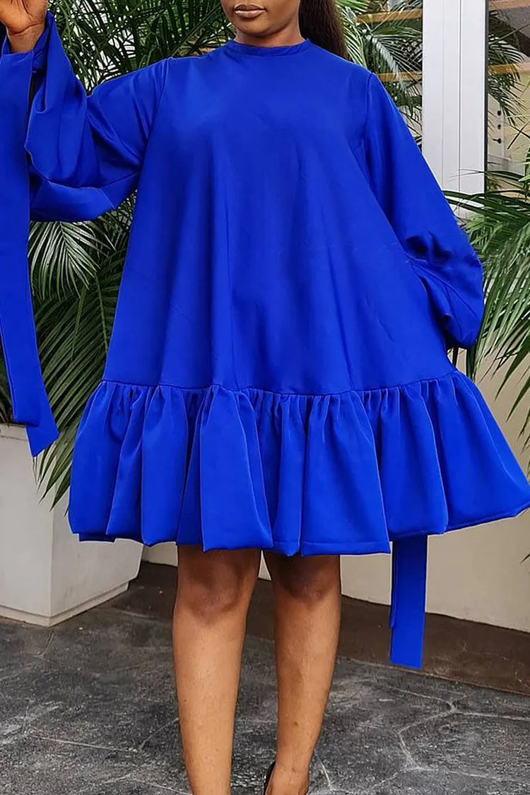 Casual Sweet Solid Patchwork Flounce Fold O Neck A Line Dresses(5 Colors)