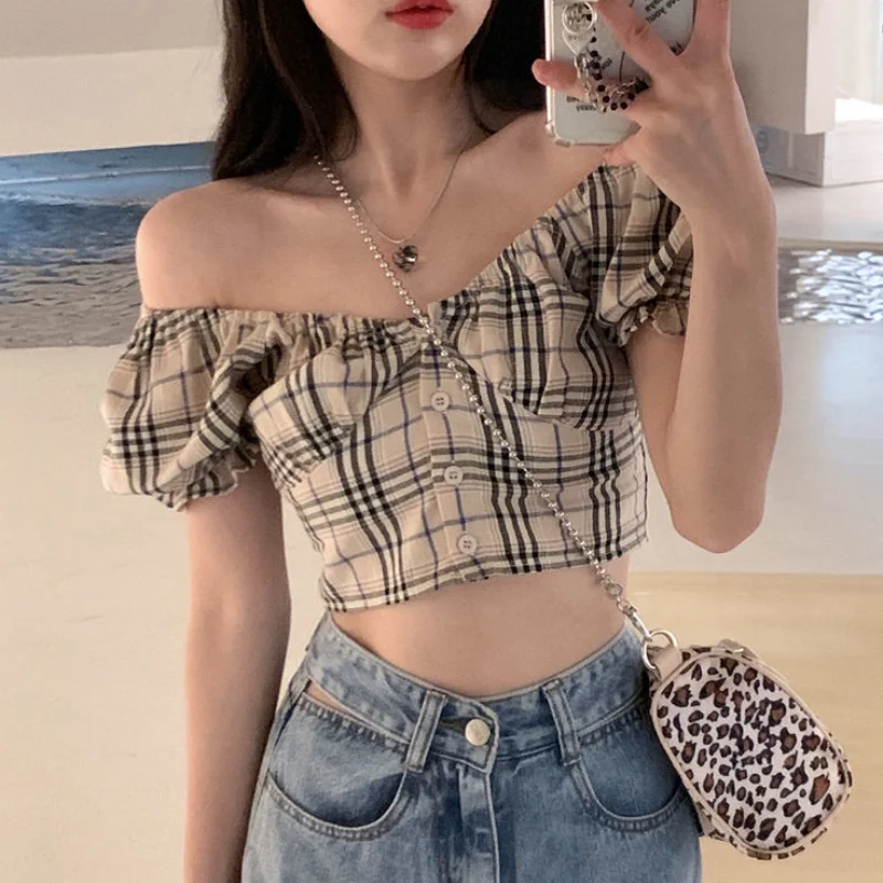 Jangj Plaid Fashion Shirt 2022 Spring Summer Sexy Blouse One Shoulder Puff Sleeves Shirt High Street Casual Shirt for Female