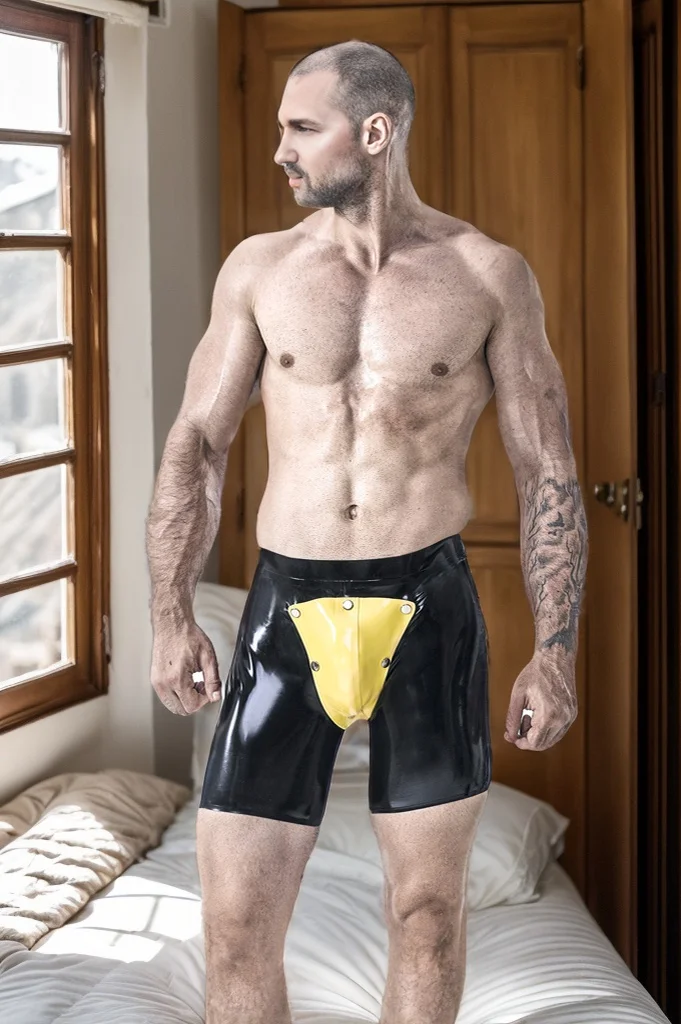 Men's Black & Yellow Latex Shorts Male Two Tones Jockstrap Erotic Briefs Opening Bum Shorts