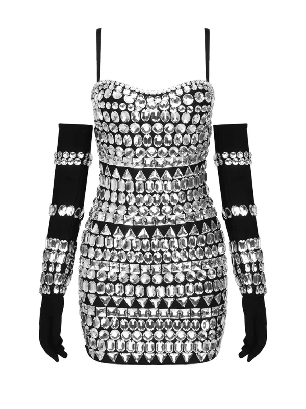 Hot Black Rhinestone Sleeves Spaghetti Bodycon Dress