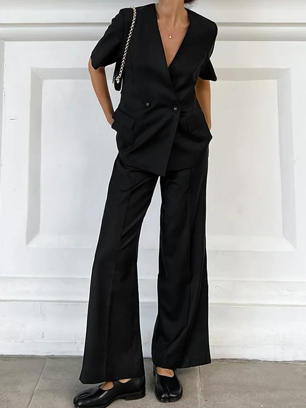 Solid Color Short Sleeves V-Neck Blazer + High-Waisted Suit Pants Trousers Two Pieces Set