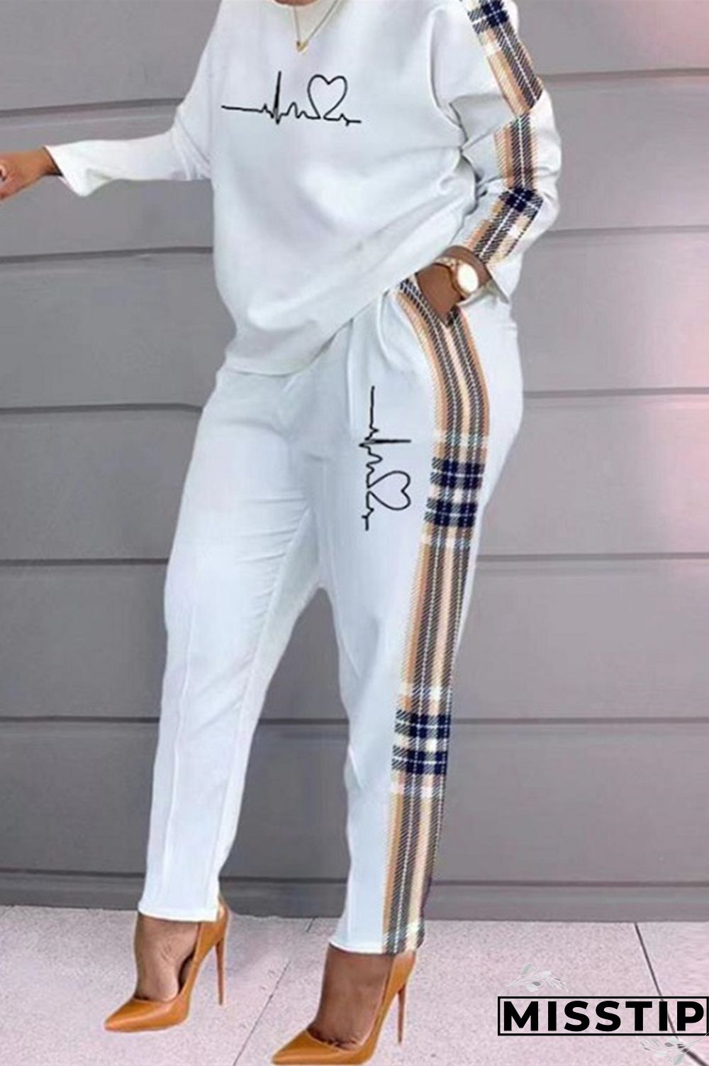 White Khaki Fashion Casual Print Patchwork O Neck Long Sleeve Two Pieces