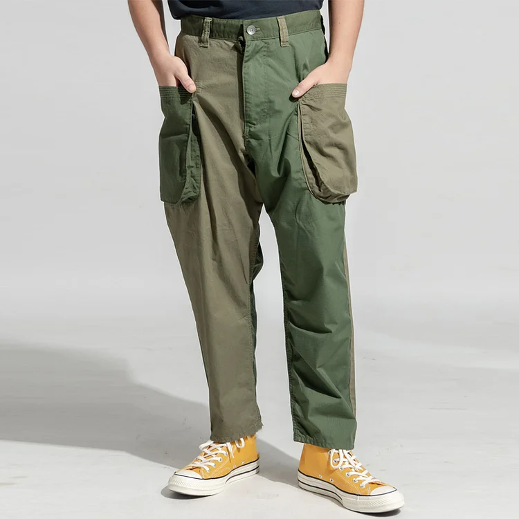 Vintage Green Paneled Twill Large-Pocket Tapered Pants