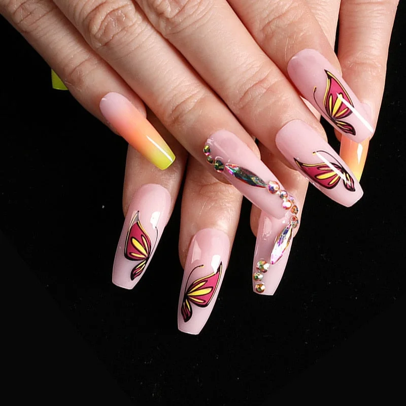 24pcs/box fake nails with glue designed colourful Gold thread rainbow paragraph press on nails coffin girls nail tips stick-on-Nail Inspo