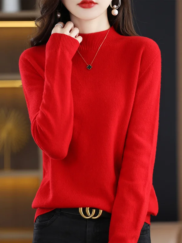 Office Long Sleeves Solid Color High-Neck Sweater Tops Pullovers