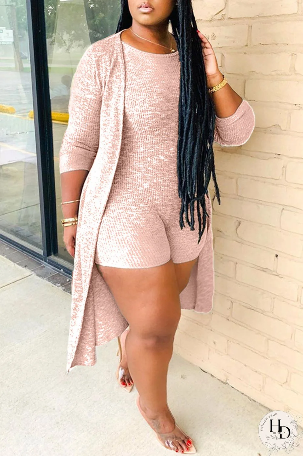 Grey Fashion Casual Solid Cardigan O Neck Plus Size Two Pieces