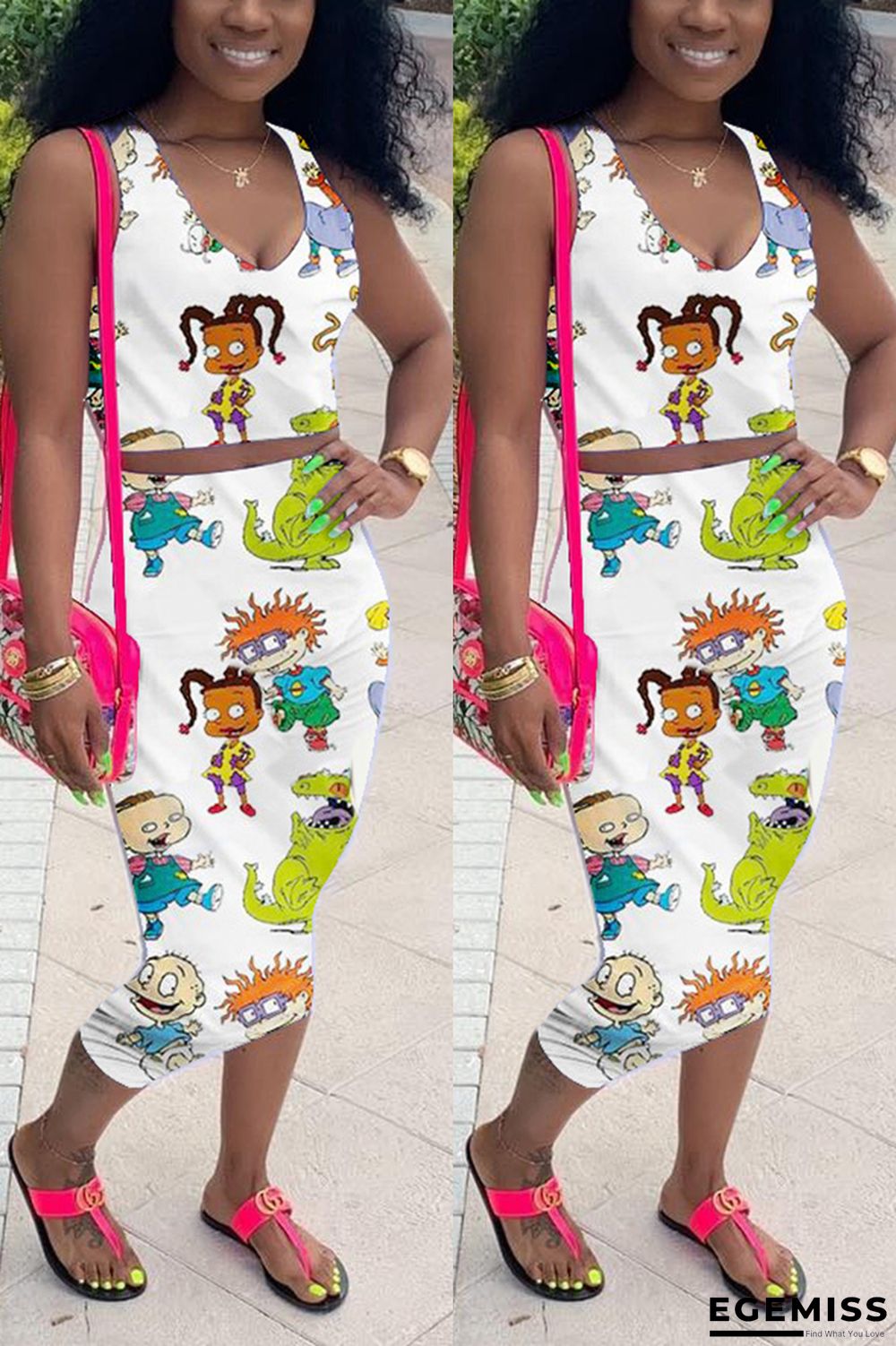 White Fashion Sexy Printed Sleeveless Top Skirt Set | EGEMISS