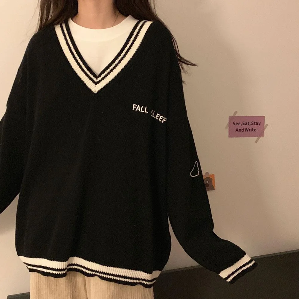 Preppy Sweaters Women Oversize Letter Vintage Pullovers Girls V-neck Long Sleeve Knitwear Casual Loose Women Sweater Jumpers