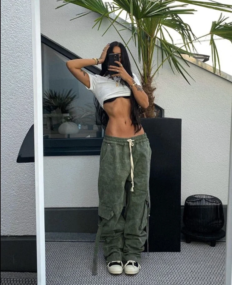 Billlnai 2023  Graduation Party  Autumn Winter High Quality Overalls High Waist Bandage Cargo Pants Streetwear Casual Loose Female Trousers Solid