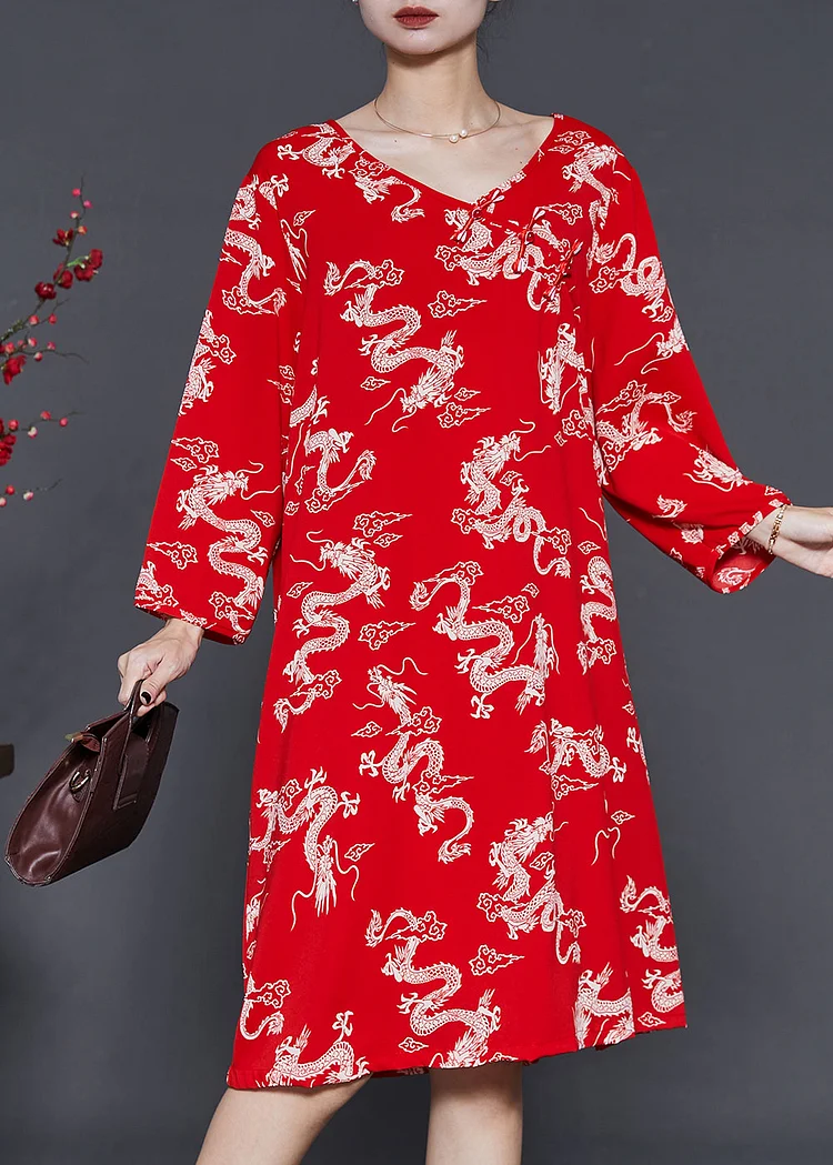 Red Dragon Print Cotton Dresses Chinese Button Summer