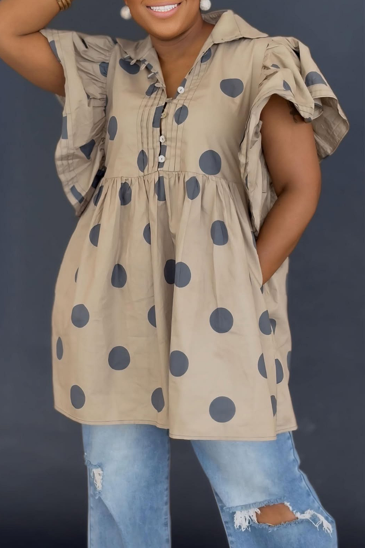 Plus Size Vacation Khaki Casual Polka Dot Shirt Collar Flutter Sleeve Short Sleeve Pocket Blouses 2024 - Xpluswear