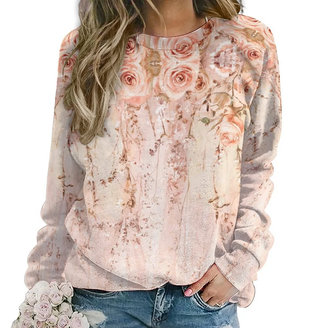 Printed Long Sleeve Casual Sweatshirt for  Women and Men Unisex Pattern Floral, Glitter, Pink