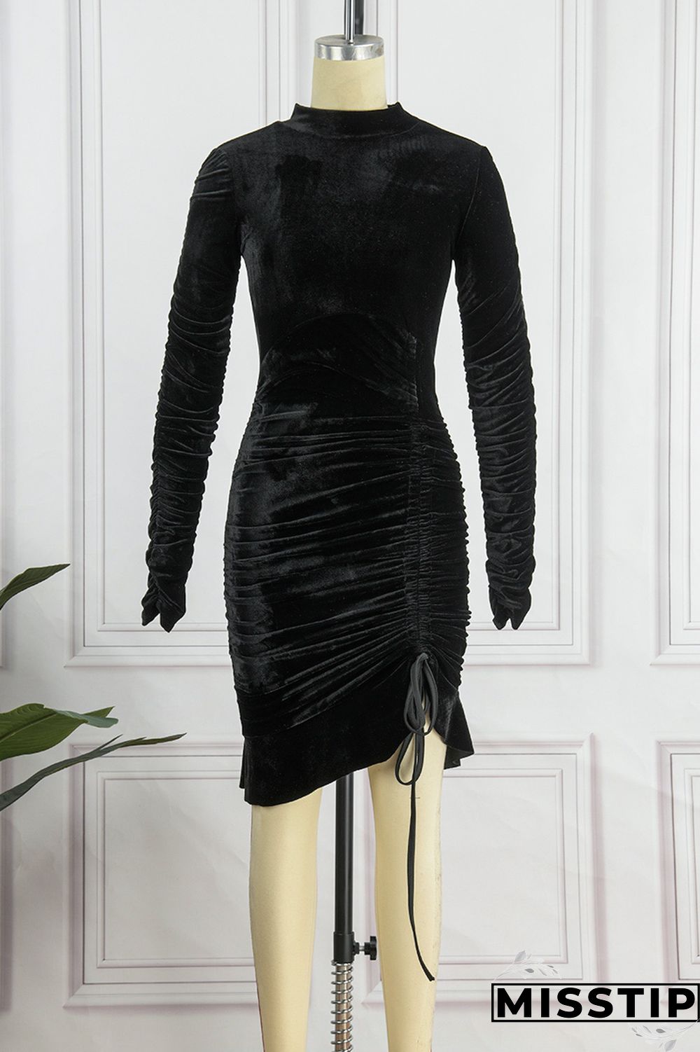 Pink Casual Solid Draw String Frenulum Fold Turtleneck Long Sleeve Dresses