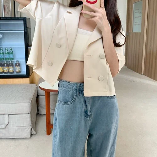 Blazers Women Summer Solid Double-breasted Trendy Crop Top Korean Style Ins Stylish Womens Outwear All-match Blazer Vintage Chic