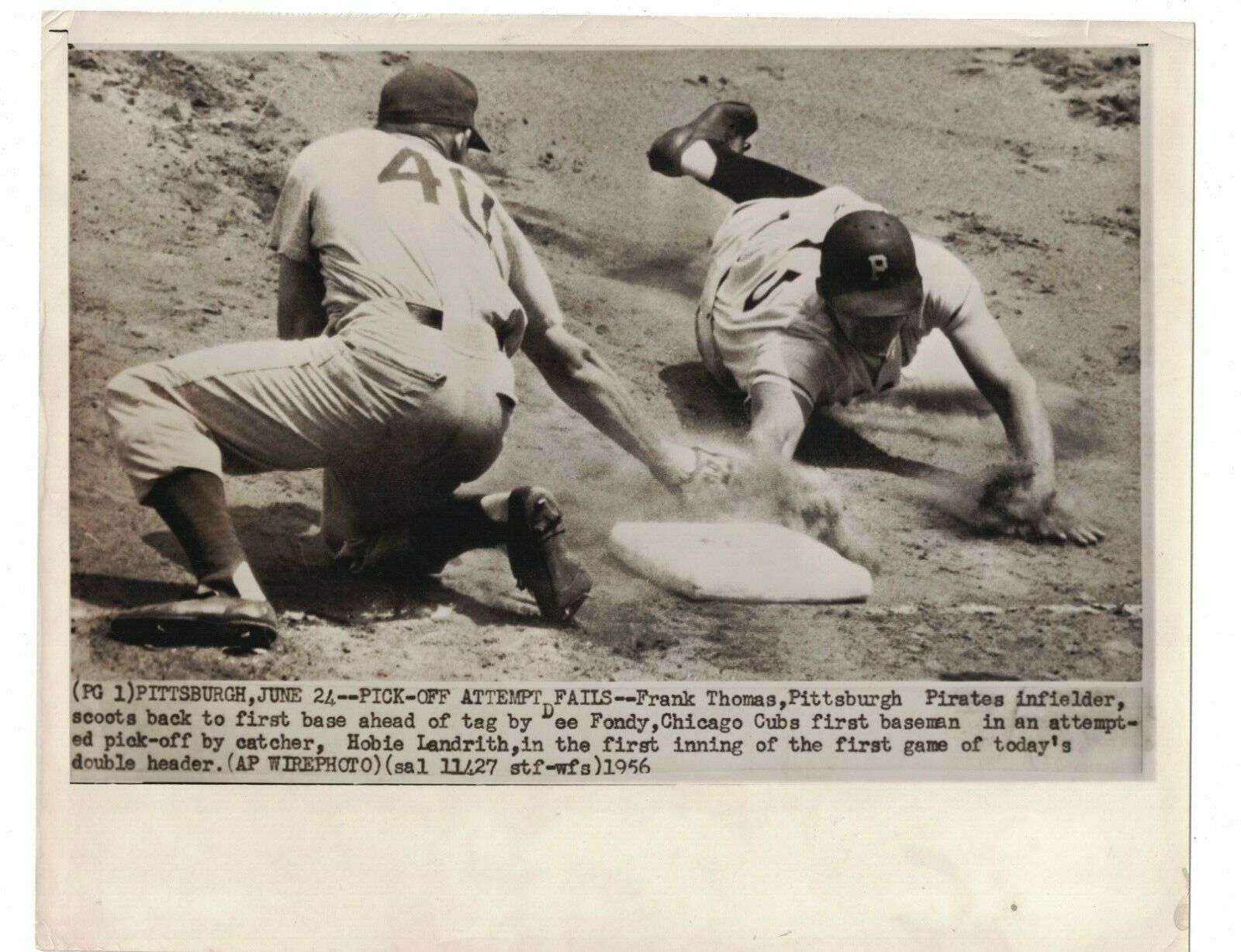 1956 Frank Thomas Pirates Dee Fondy Cubs 8x10 AP Wire Photo Poster painting AO164