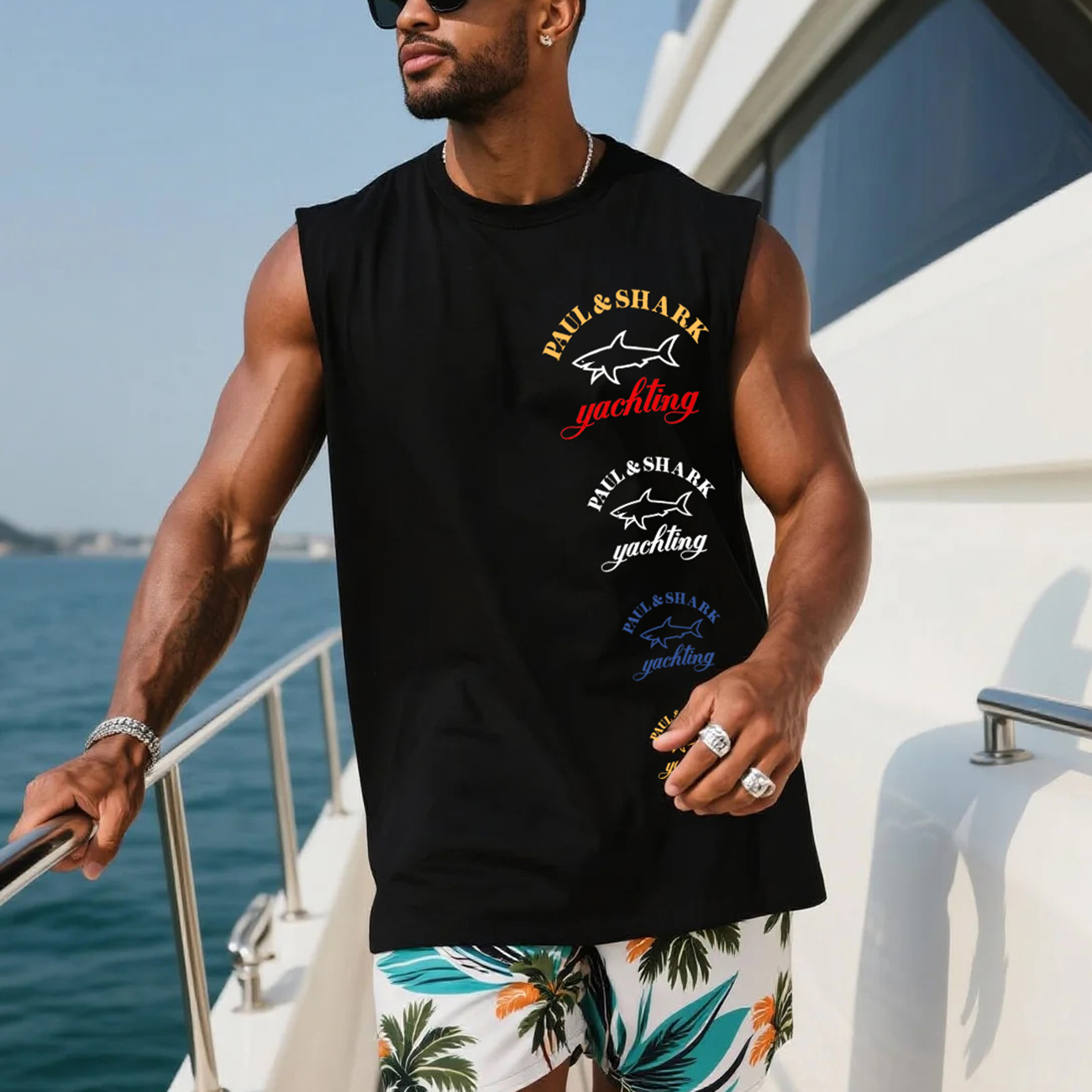 Men's Loose Comfortable Cotton Yacht Club Sleeveless T-Shirt Monaco Print Vest