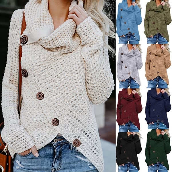 Women Knit Sweater Autumn Winter Warm Loose Solid Color Turtleneck Irregular Buttons Pullovers Tops Plus Size - Shop Trendy Women's Fashion | TeeYours