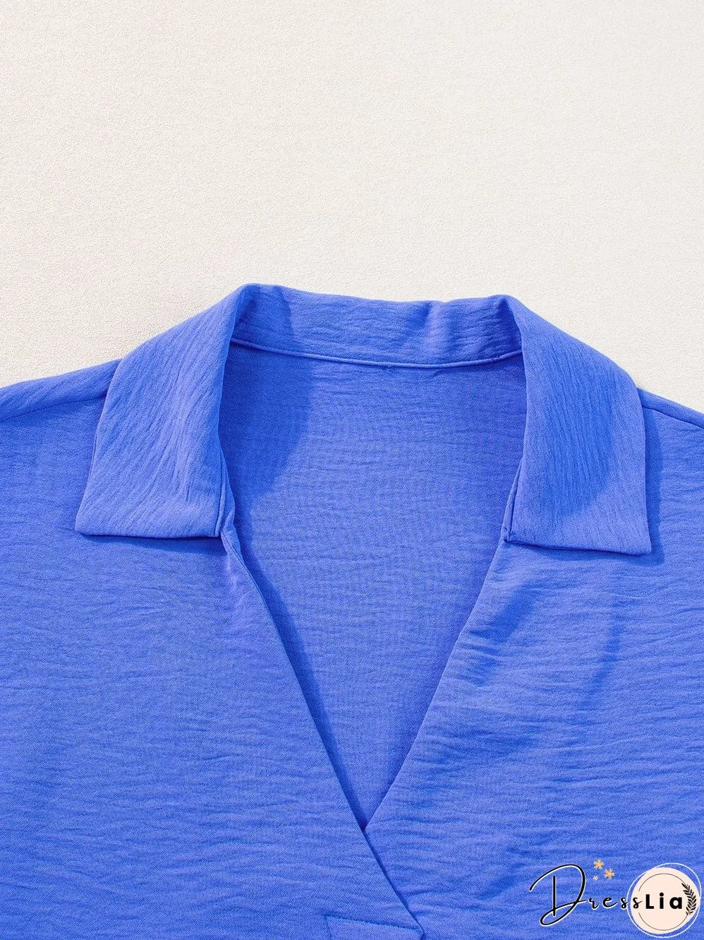 Navy Blue Collared Smocked Sleeve Cuffs Loose Fit Blouse