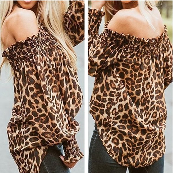 Spring and Summer Casual Shirt Off Shoulder Leopard Print Blouse Long Sleeve Tops for Women - Shop Trendy Women's Fashion | TeeYours