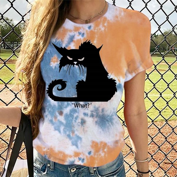 Cute Cat What T-shirts For Women Summer Tee Shirt Femme Casual Short Sleeve Round Neck Tops T-shirts - Shop Trendy Women's Clothing | LoverChic