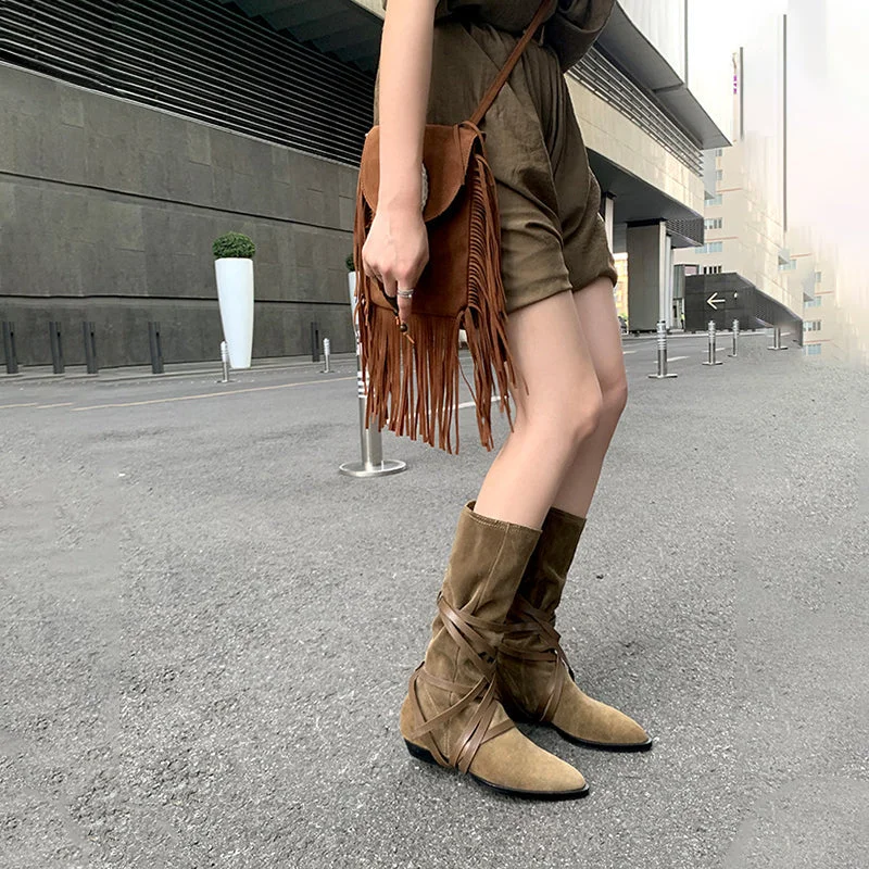 Womens Leather Mid Calf Western Boots In Black/Khaki/Brown/Tan - Slouchy Suede Boots Point Toe