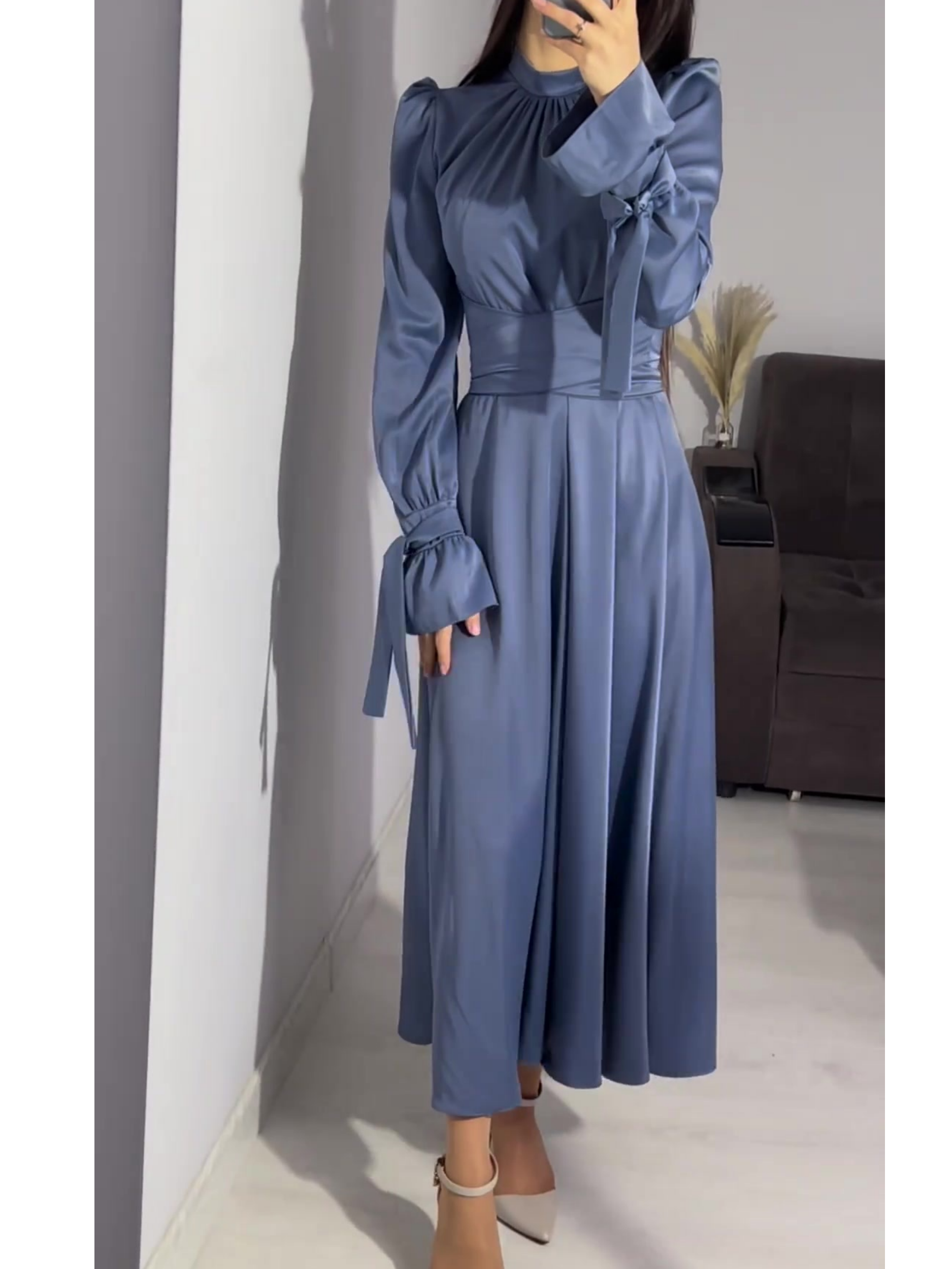 Elegant Belted Solid Color Long-sleeved Dress | Oxredo Shop Ramadan Sale