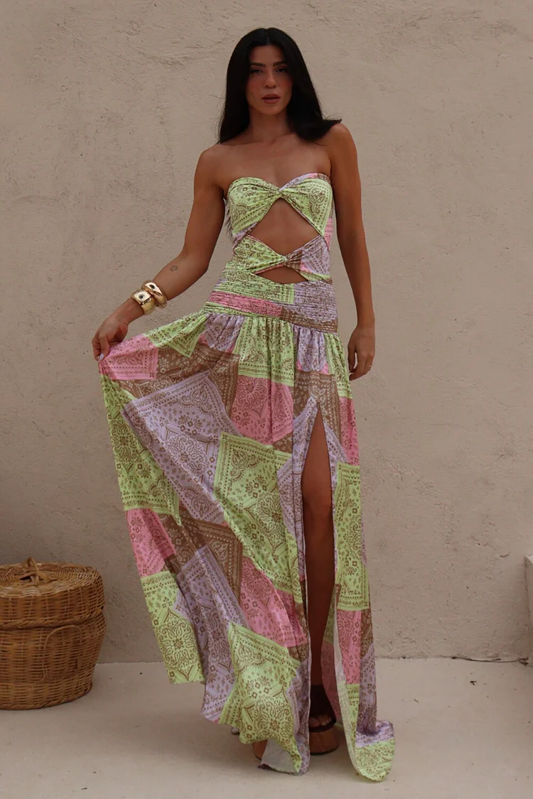 Tribal Print Strapless Cutout Slit Colorblock Maxi Dresses-Yellow [Pre Order]