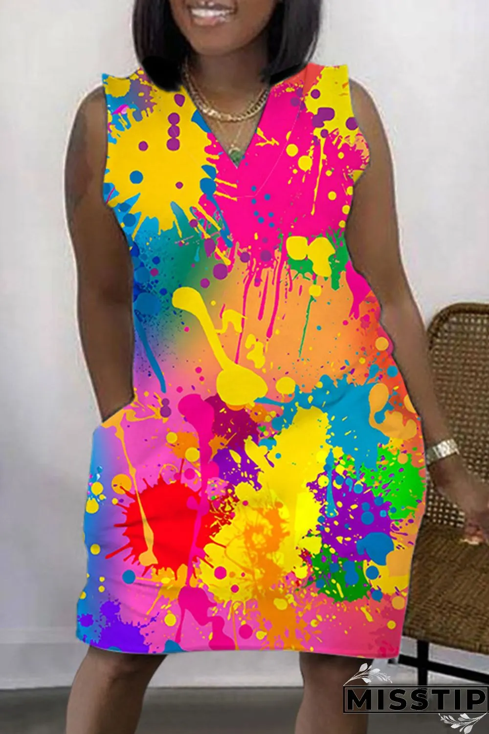 Purple Casual Print Patchwork V Neck Sleeveless Dress Dresses