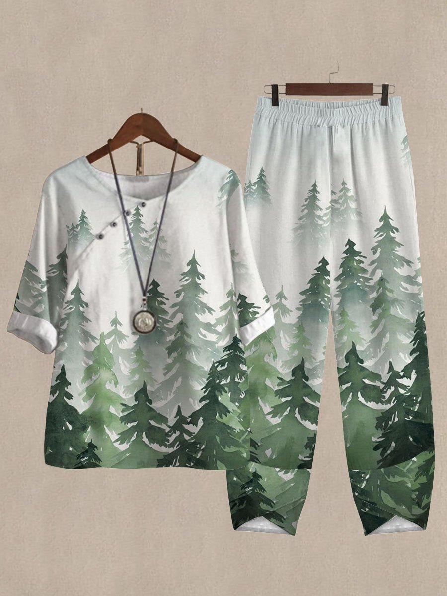 Forest Botanical Print Casual Two-piece Suits