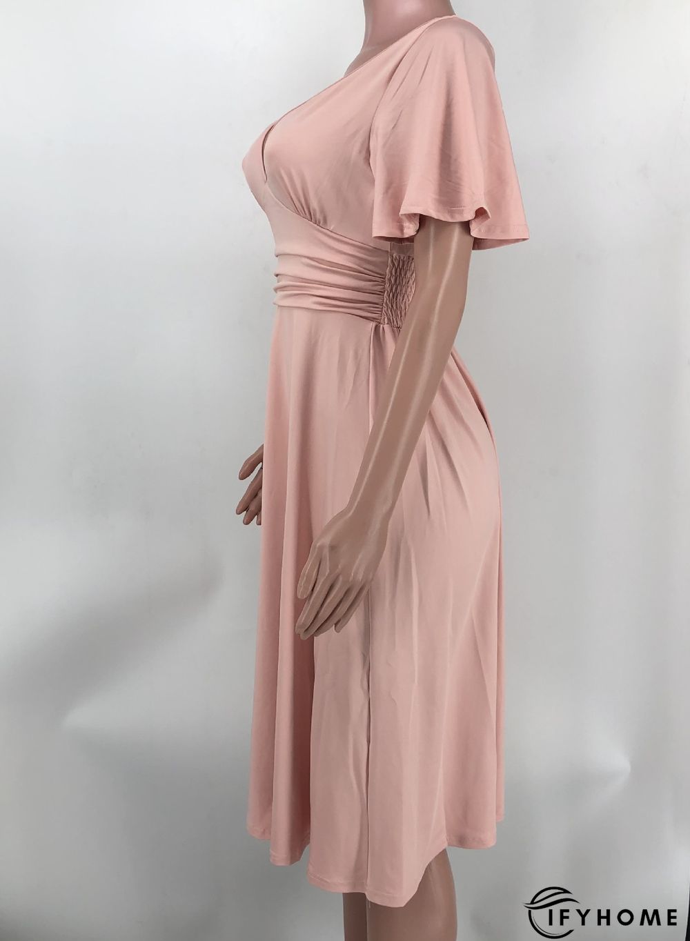 Fashion Solid Color V-neck Short-sleeved Waist Pleated Dress | IFYHOME